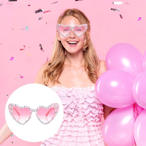 Birthday Queen Sunglasses, Pink Heart Birthday Pearl Glasses for Women, Shiny Rhinestone Heart Shaped Sun Glasses for Birth Day Party Favors Birth Day Decorations4