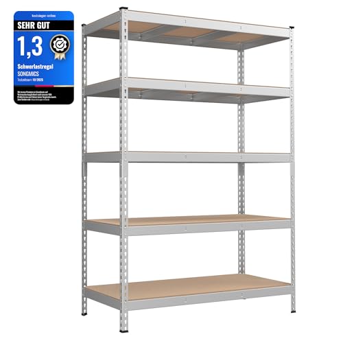 SONGMICS Schnelle Montage Schwerlastregal Standregal Lagerregal Küchenregal Regal 5 Ablagen 60 x 120 x 180 cm bis 875 kg belastbar für Keller Küche Arbeitszimmer silbern GLR600E01