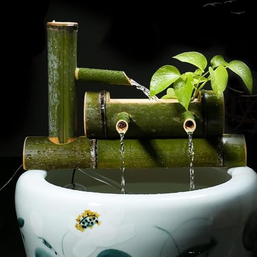Bambus-Brunnen-Set mit Pumpe, Zen Feng Shui Wasserspiel, Zirkulationsornament, Freistehender Landschaftsbrunnen, Fließendes Wasserdekor für Terrasse,...