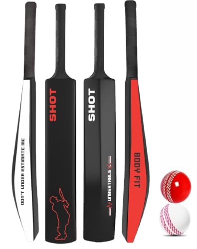 Image of Bodyfit Heavy T20 Premium Plastic Cricket Bat for Men, Women & Children | Lightweight| Full Size| | Hard Plastic Bat| 1 Piece, 2 Rubber Soft /Wind Balls Shot-Red.
