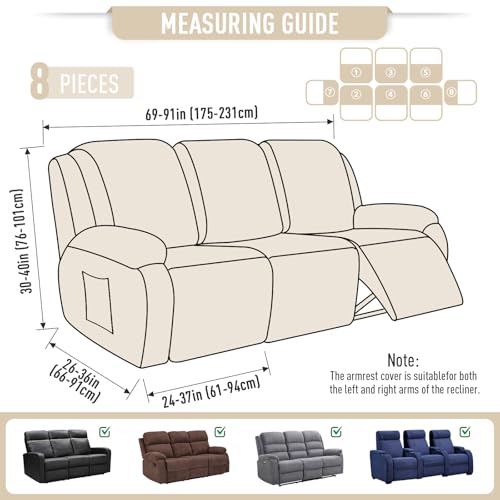 Image of TAOCOCO Recliner Sofa Covers 8-Pieces Stretch Large Couch Covers for 3 Seats Reclining Slipcovers Soft Jacquard Pattern Furniture Protector (Beige)