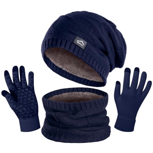 Winter Beanie Hat Scarf Touchscreen Glove Set for Men Women,Slouchy Knit Ski Cap Neck Warmer with Fleece Lined for Unisex