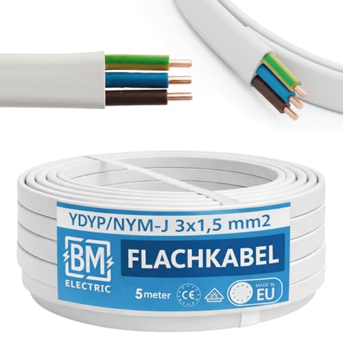 BM Electric Câble d'alimentation YDYp NYM 3 x 1,5 - Câble plat pour passage de fenêtre - Câble plat 3 x 1,5 pour installation électrique - 300/500 V