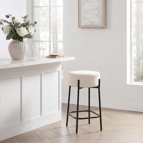 Image of OHS Boucle Bar Stool, Modern Upholstered Round Chair Counter Height Stool with Footrest Metal Frame Padded Seat Breakfast Bar Stool for Kitchen Counters Living Room Dining Room Easy Assembly, White