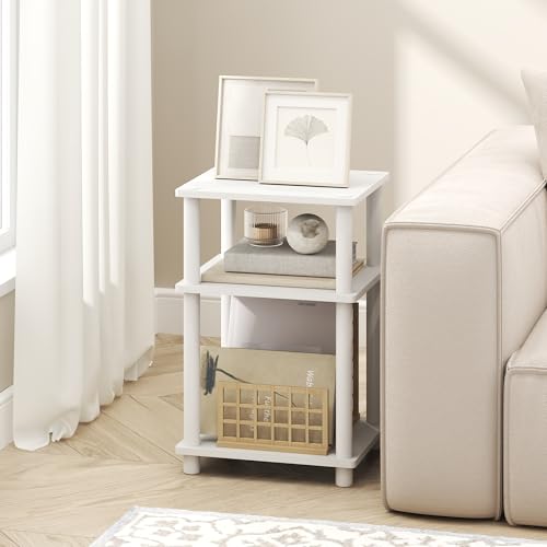 Image of Furinno Turn-N-Tube Side Table, 3-Tier End Table with Open Shelf, Toolless Assembly Night Stand, Bedside Table, for Living Room, Bedroom, White