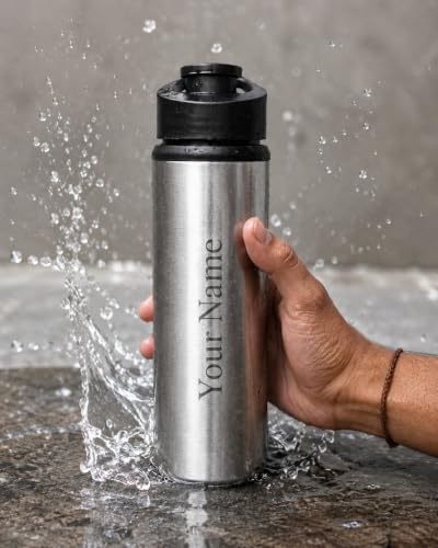 Image of Personalised Stainless Steel Water Bottle, Silver, 500ml, Leak Proof, BPA Free, Custom Name Print, Brushed Finish