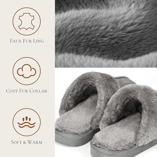 Image of OOW Fuzzy Slippers for Women Cozy Faux Fur House Shoes Memory Foam Slippers | Winter, Warm Slippers, Indoor and Outdoor