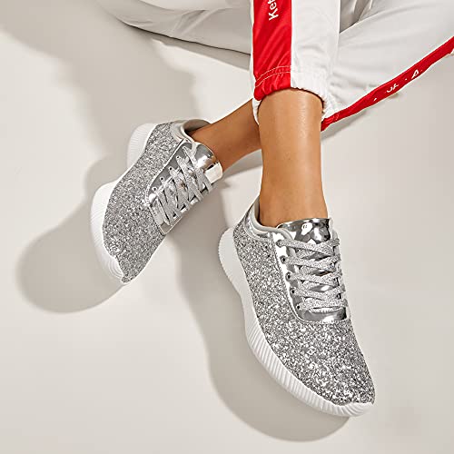 Belos Women Shiny Glitter Sneakers Comfortable Stylish Shoes Lace Up Bling Cute Shoes(7B(M) Us, Silver) #TOP4