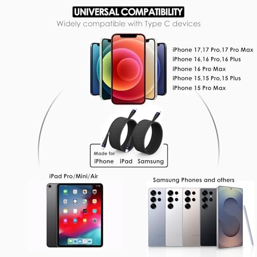 Image of Extra Long USB C to USB C Cable (2Pack 15FT, 100W) USBC Charger Fast Charging Cord Braided, Type C Cable for iPhone 17 Pro Max, 16 /15, iPad Pro /Air /10, Samsung, Android Phones - Black