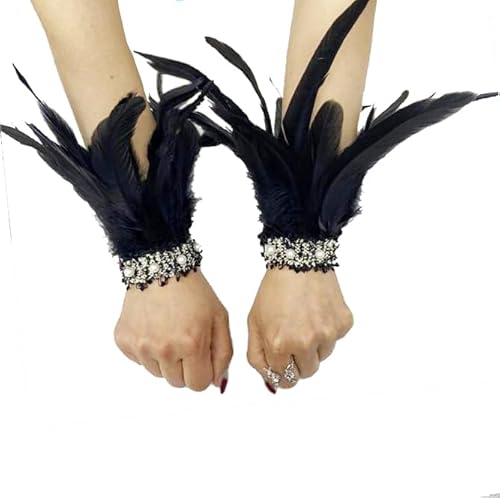 Yoodeet Femmes Dentelle Plume Poignet Bande Noir Plume Poignet Sangle Nouveauté Gants Handwear Costume Accessoires, Noir , taille unique