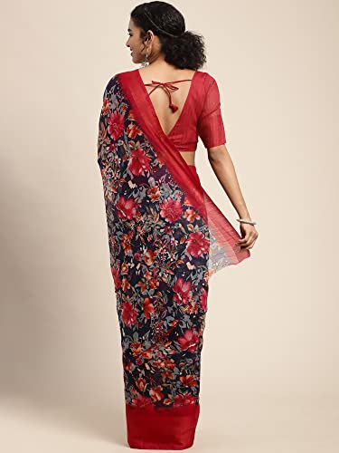 Image of AKHILAM Women's Printed Linen Zari Saree With Unstitched Blouse Piece (FF0BGBLT80001 Parent)