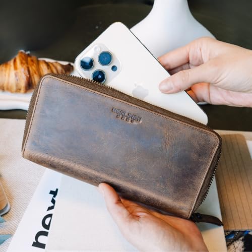 Image of BERLINER BAGS Genuine Leather Zip Wallet Women Margo, Gift Box - Brown | Soft Leather Zip Around Wallet, Fit up to Phone 6.9 inch, 12 Card Slots, 1 ID Window, 1 Coin Pocket, RFID Blocking