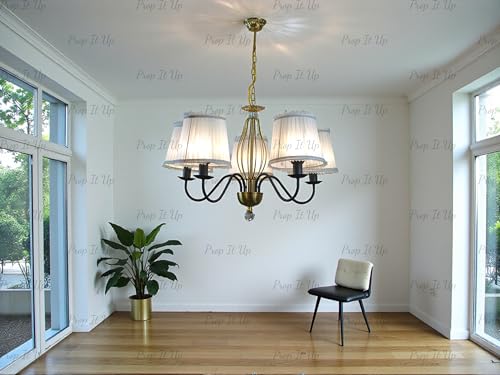 Image of Prop It Up 5-Light Chandelier with White Fabric Shades for Home, Gold and Black Metal Frame jhoomer for Hall, Crystal Accent, E27 Holder, 72x78 cm