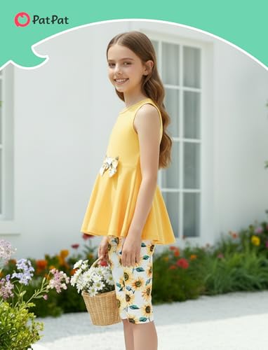 Image of PATPAT Girls Summer 2 Piece Outfits 4-12Y Butterfly Bow Sleeveless Tunic Tops and Floral Print Shorts Cute Clothes