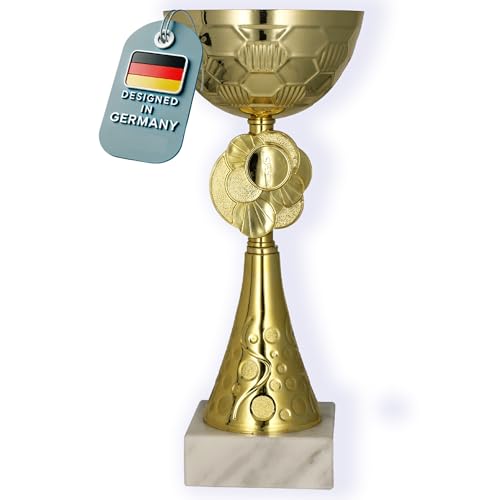 Larius Trofeo (20 cm, 245 g) – Trofeo Personalizable de Metal con Base de Piedra – Ideal para Torneos, Fútbol, Cumpleaños Infantiles, Equipos y Premios – Modelo M2 (Sin Texto Deseado, Oro)