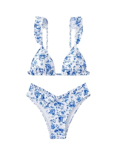 Women's 2 Piece Bikini Sets High Cut Ruffle Trim Triangle Floral Bathing Suit Wireless Tie Back Swimsuit