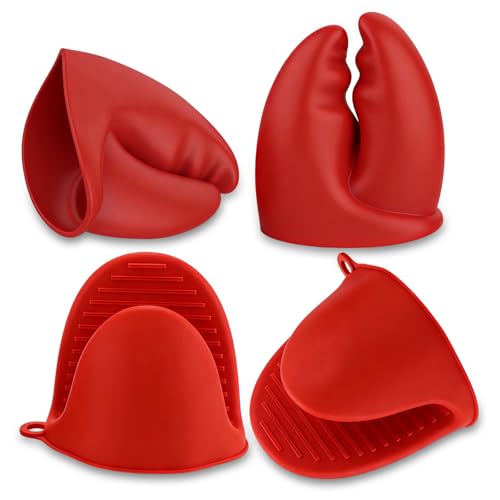 Set of 4 Heat Resistant Oven Gloves, Claw Style Mitts, Pot Holders for Safe Kitchen Handling, Red Heat-Resilient Gloves for Oven and Grill Use