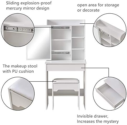 TUKAILAi White Vanity Dressing Table Set Corner Makeup Desk with 1 Big Drawer, 1 Slide Mirror, 6 Shelves and Stool Bedroom Furniture Bedroom Dressnig Table