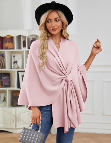 PULI Damen Elegant Poncho Strick Ponchos Capes Vorne öffnen Vielseitige Schalwickel mit Lasche Rosa