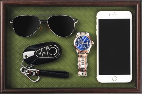 Simmer Stone 1 plateau de valet en bois avec base en cuir – Organiseur de table de nuit pour Cologne, parfum, clés, portefeuille, téléphone, montre,...