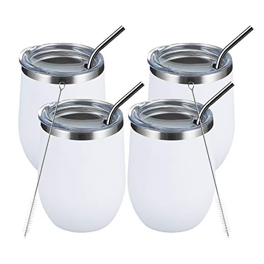 MEWAY 12oz/4 Pack Wine Tumbler Glasses with Lid - Stemless Double Wall Vacuum Stainless Steel Travel Tumbler - Keeping Cold & Hot for Wine, Coffee, Cocktails, Drinks-Family and Gifts (White, 4 Pack)