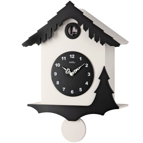 Preisvergleich Produktbild AMS 7391 Kuckucksuhr Quarz Pendel, Holzgehäuse weiß und schwarz lackiert