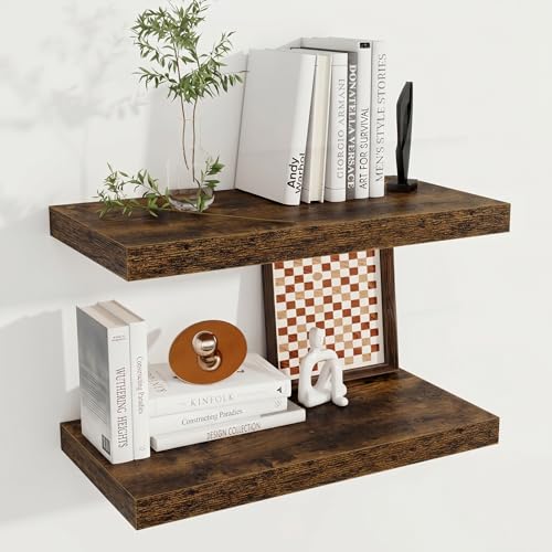 Image of Fun Memories 24 x 12 Inch Deep Floating Shelves, 12 Inch Deep Rustic Wooden Book Shelf, Extra Deeper & Thicker Hanging Shelves for Living Room, Bathroom, Bedroom, Kitchen, Office, Set of 2 (Brown)