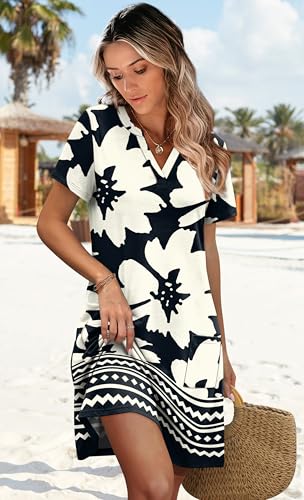 Image of WIHOLL Summer Dresses for Women Casual V Neck Wedding Guest Dress Hawaiian Midi Dress Fashion Beach Vacation Clothes