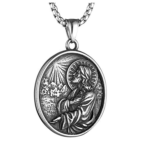 STWTR Disc Pendant Stainless Steel Christian Jesus Pendant Necklace with 23.6 "Necklace, Stainless Steel, No Gemstone Cover