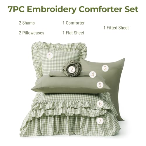 Image of Queen Comforter Set Green Gingham Ruffle 7 Pieces Farmhouse Bed in a Bag | Shabby Chic Fluffy Bedding Sets with Sheets, Pillowcases & Shams
