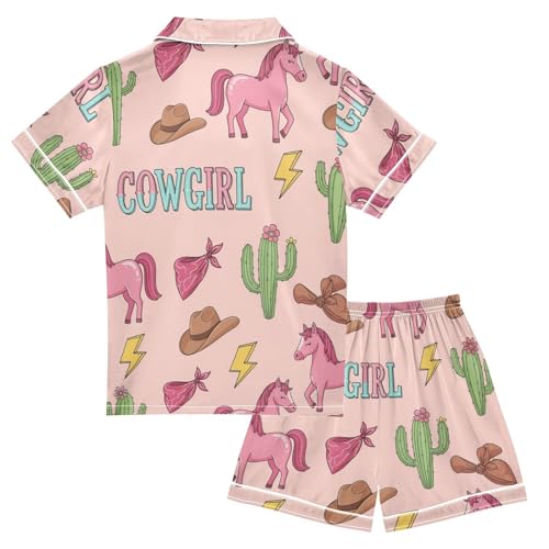 Satin Pajama Sets Short Sleeve Cowgirl Theme Pattern Prints Button Down Silky Nightwear 2 Piece PJS 5-14Y2
