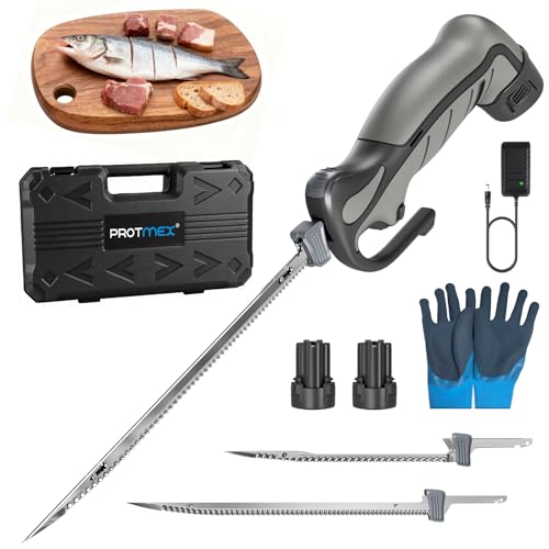 Protmex Cordless Electric Fillet Knife with 8' and 10' Sharp Blades, 12V Electric Fillet Knife with Non-slip Grip Handle, Gloves and Safety Lock, for Fishing, Filleting, Meat, Bread, Outdoors