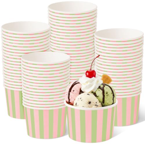 Image of Zopeal 50 Count Pink and Green Striped Ice Cream Cups Paper Dessert Bowls