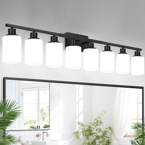Image of Indoi 8-Light Bathroom Light Fixtures, Matte Black Modern Vanity Lights with Milky White Shades, Bathroom Wall Lamp for Mirror Living Room Cabinet Bedroom Porch