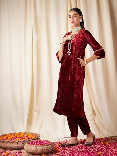 Image of Women's Velvet Floral Embroidered Straight Kurta | Round Neck Three-Quarter Sleeve Calf Length Kurti with Thread Work