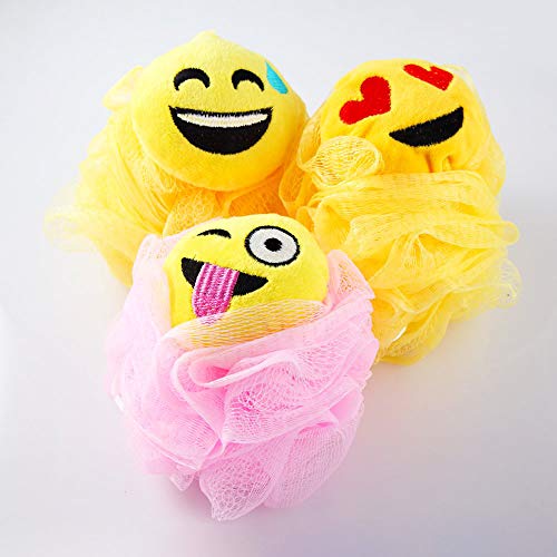 Hisight Bath Shower Sponge Emoji-Pop Smiley face Plush Pillow Universe Pouf Mesh Kids Toy Brush Shower Ball, Mesh Bath and Shower Sponge,cartoon expression bath flower bath ball (3 Packs)
