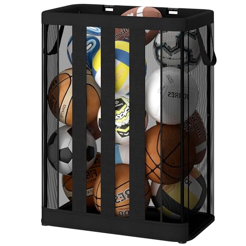 STO STO Ball Storage Basket Wall-Mounted or Freestanding Garage Ball Organizer Holder Holds up to 15 Balls Sports Equipment Organizer with Elastic Front Access for Garage Gym Playroom Black