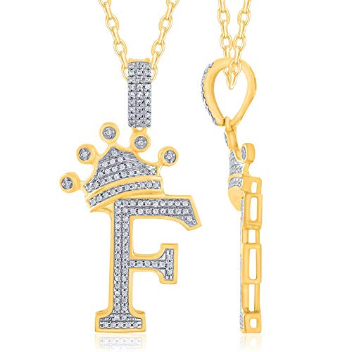 TGDJ 10K Yellow Gold Crown Diamond Pendant - Small Pave Crowned Initial Letters from A to Z - Gold Stamped Fine Jewelry for Men & Women for All Occasions - 1.5” (Letter F)