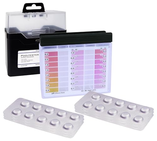 Probador de Piscina Kit - 60 Pastillas de Prueba Rápida para Agua Potable, Acuario, Piscina - 30x Phenol Red (Valor de PH) y 30x DPD1 (Cloro libre), 1x Medidor de Agua, Caja de Almacenamiento