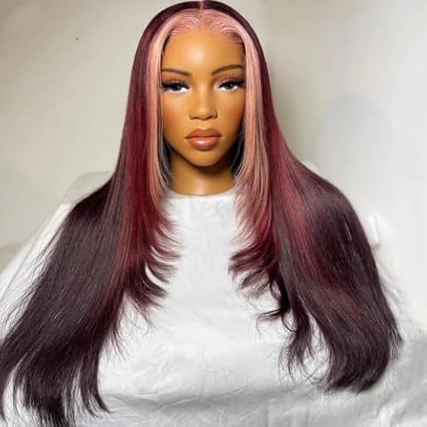 Highlight Ombre Human Hair Wigs Pink Skunk Stripe Wig Human Hair 99J Red Colored 4x4 Lace Closure Wig Straight Texture Transparent HD Pre Plucked (18 Inch) Cover