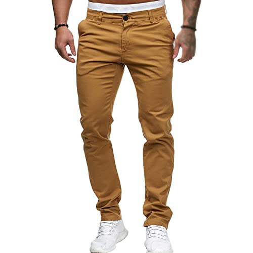 Men's Classic Lightweight Chino Pants Flat Front Comfort Stretch Solid Pant Casual Basic Straight Fit Trousers (Yellow,Medium)