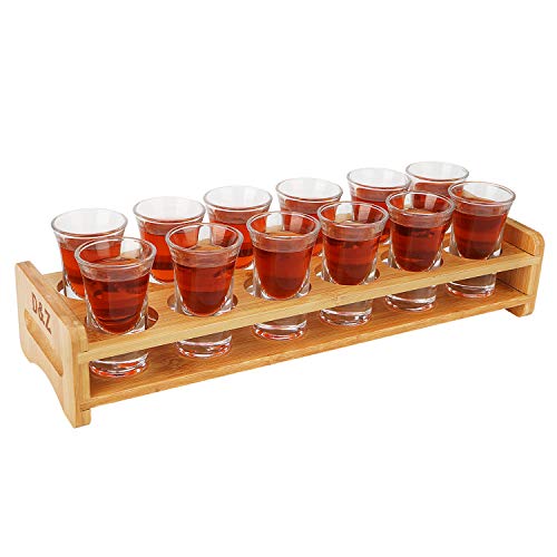 D&Z Shot Glass Holder Set With 12 Thick Base Crystal Clear Shot Glasses, Bamboo Wooden Shot Rack/Tray For Tequila Whiskey Vodka Cocktail, Ideal Liquor Set For Party, Bar, Nightclub [ 1 Oz Each Glass ] #TOP5