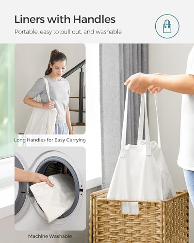 SONGMICS Laundry Hamper with Lid, 17.2 Gallon (65 L) Synthetic Rattan Clothes Laundry Basket with Lid and Handles, Foldable, Removable Liner, Goose Yellow ULCB165N01