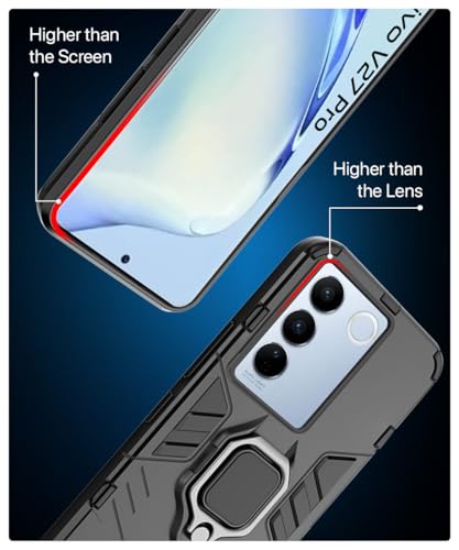 Image of WOW IMAGINE Shock Proof Back Case Mobile Cover for Vivo V27 | V27 Pro 5G (Tough Armor | Hybrid PC + TPU | Full Protection with Ring Holder & in-Built Kickstand | Black)
