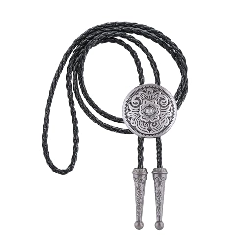 GelConnie Bolo Tie for Men Women Western Cowboy Necklace Mens Bolo Tie Silver Flower Rodeo Leather Necktie Bolo Necklace