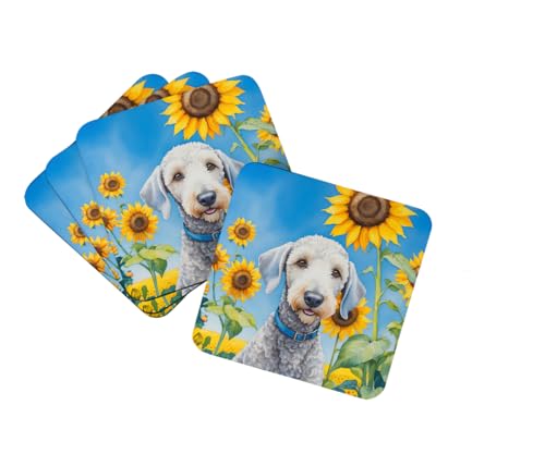Caroline's Treasures Bedlington Terrier in Sunflowers Foam Coasters Set of 4 Cup Coasters for Indoor Outdoor, Tabletop Protection, Anti Slip, Mouse pad Material