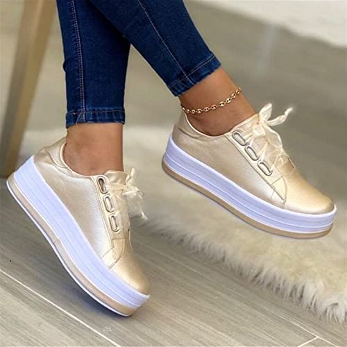 Round Toe Wedges Sneakers for Women's Classic Low Cut Lace Up Platform Walking Dress Shoes Fashion Orthotic Lightweight Breathable Flat Loafers (Color : Silver, Size : 7 US)4
