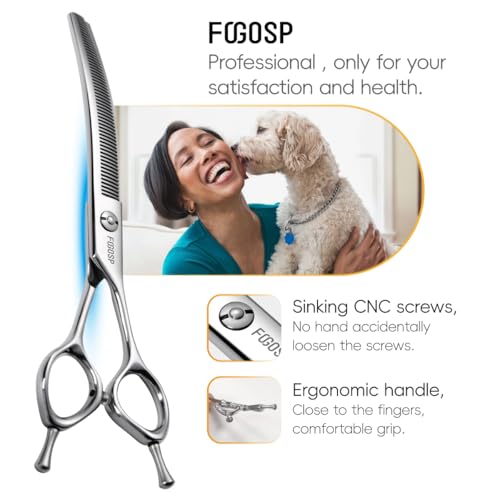 FOGOSP Curved Thinning Shears for Dogs 7.5'' Professional Blender Thinning Shears for Medium Large Dog 35% Thinning Rate (7.5 In, V Type Blender)