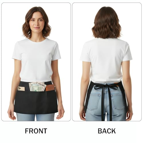 Image of BOHARERS Waist Apron with 3 Pockets - Black Waitress Waiter Server Short Aprons