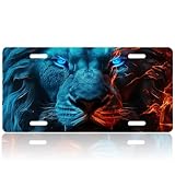 Fire and Ice Lion Front License,Blue Eyes Lion Plate License Personalized Rust-Proof Stainless Steel Car Decoration Vanity Car Tags License Plate Cover for Men Women,12.2' X 6.2'